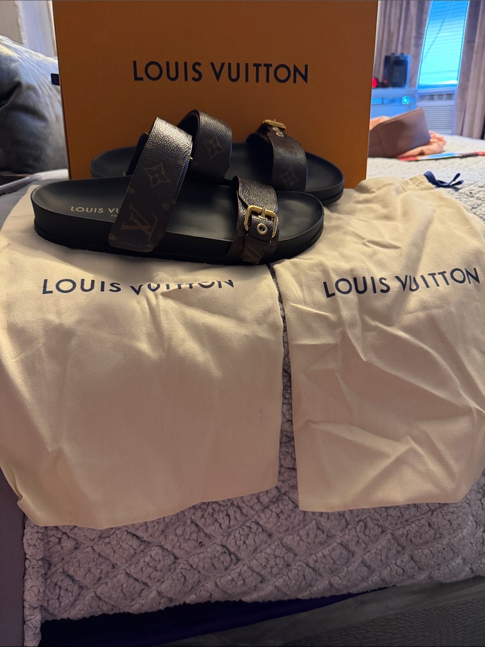 Louis Vuitton Brown Monogram Double Strap Sandals with Gold Buckles - Picture 9 of 9